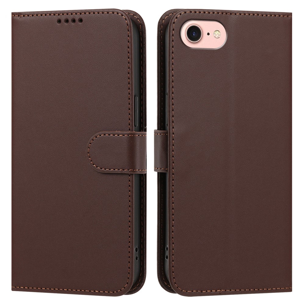 For iPhone SE (2022) / iPhone 6 4.7-inch / iPhone 6s 4.7-inch / iPhone 7 4.7 inch / iPhone 8 4.7 inch / iPhone SE (2020) Leather Case Wallet Stand Solid Color Anti Drop Phone Cover - Brown