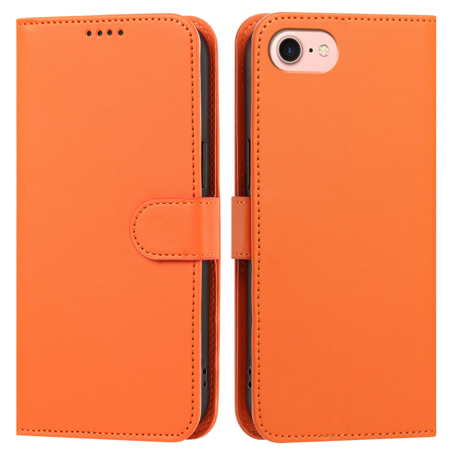 For iPhone SE (2022) / iPhone 6 4.7-inch / iPhone 6s 4.7-inch / iPhone 7 4.7 inch / iPhone 8 4.7 inch / iPhone SE (2020) Leather Case Wallet Stand Solid Color Anti Drop Phone Cover - Orange