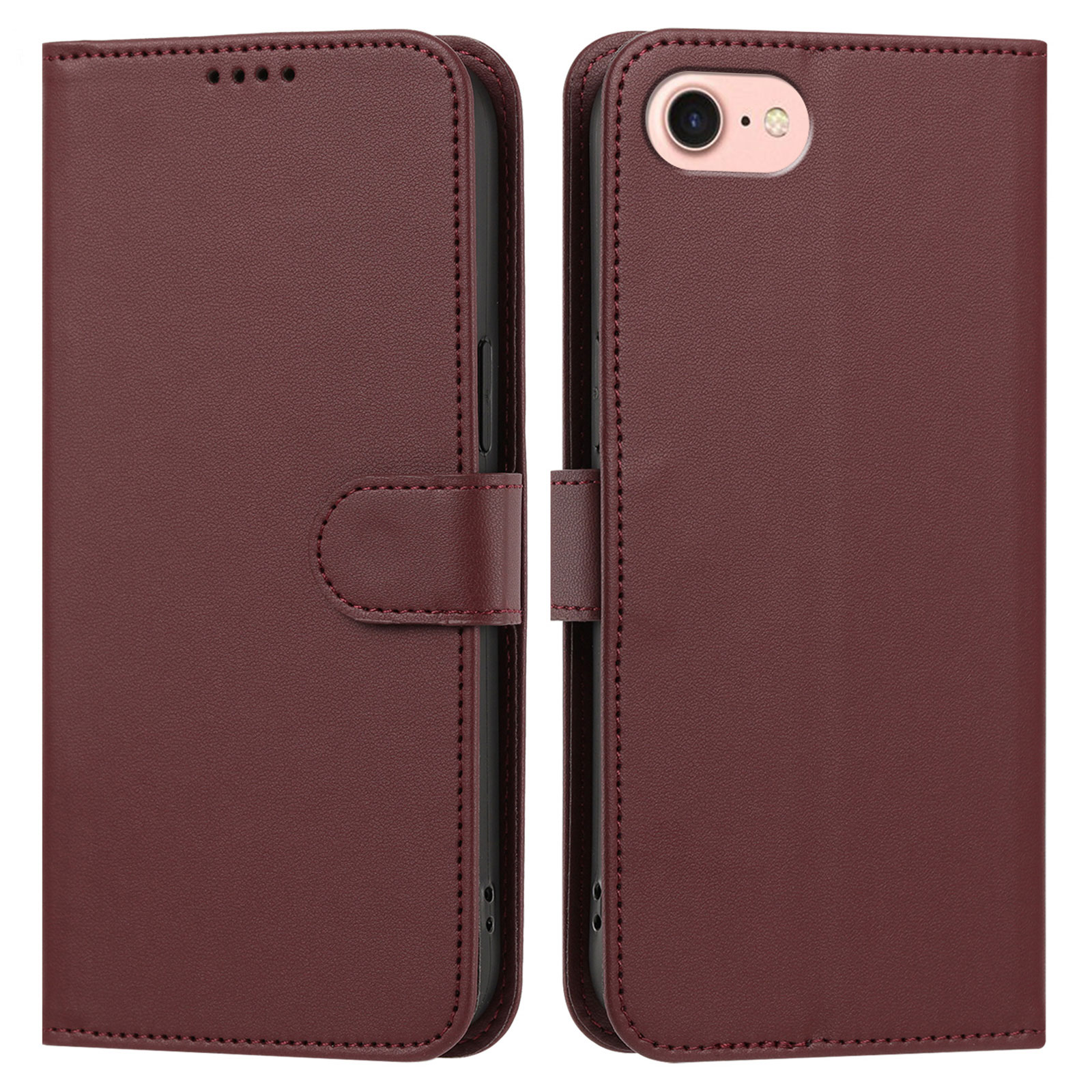 For iPhone SE (2022) / iPhone 6 4.7-inch / iPhone 6s 4.7-inch / iPhone 7 4.7 inch / iPhone 8 4.7 inch / iPhone SE (2020) Leather Case Wallet Stand Solid Color Anti Drop Phone Cover - Wine Red