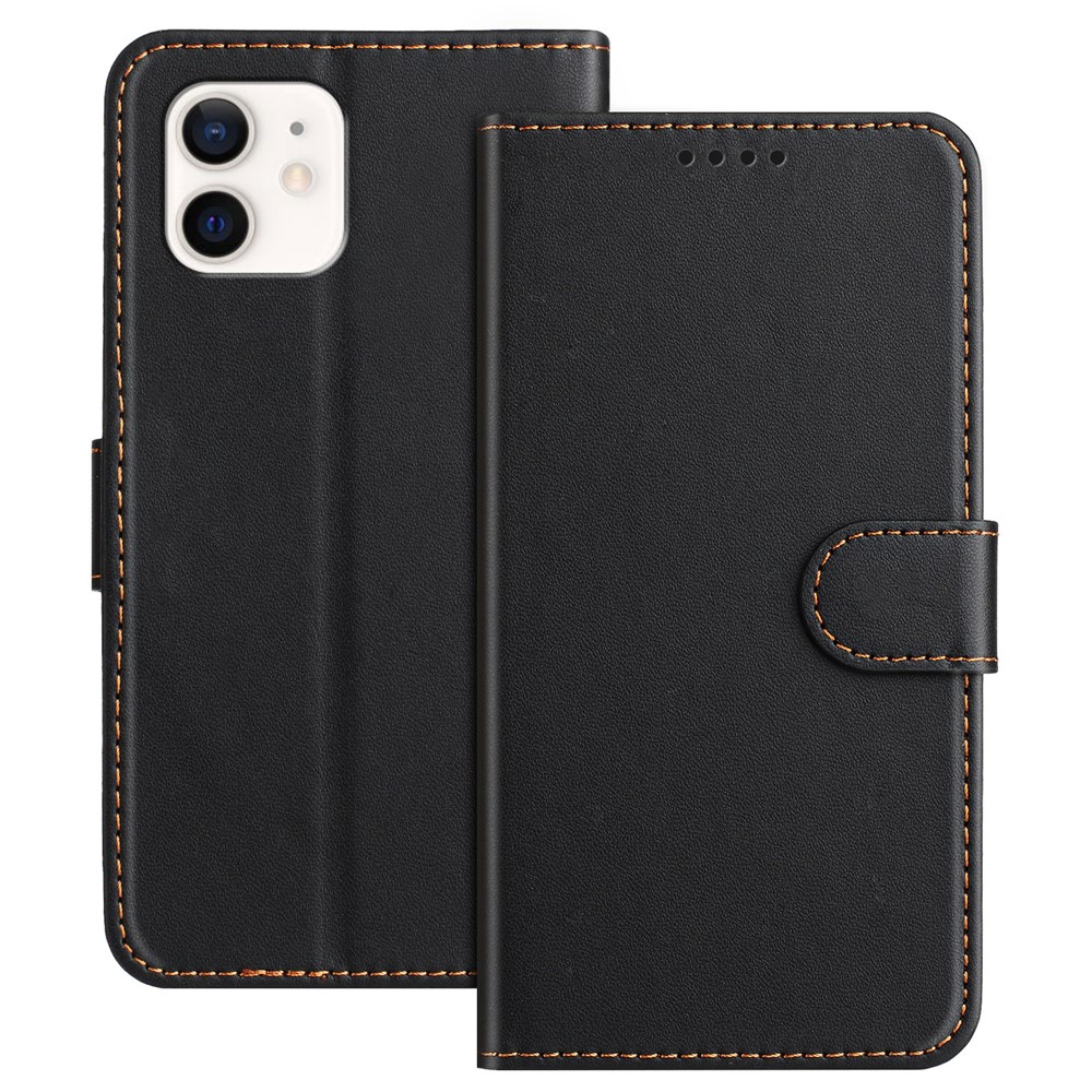 For iPhone 12 Pro 6.1 inch / iPhone 12 6.1 inch Leather Case Wallet Stand Solid Color Anti Drop Phone Cover - Black