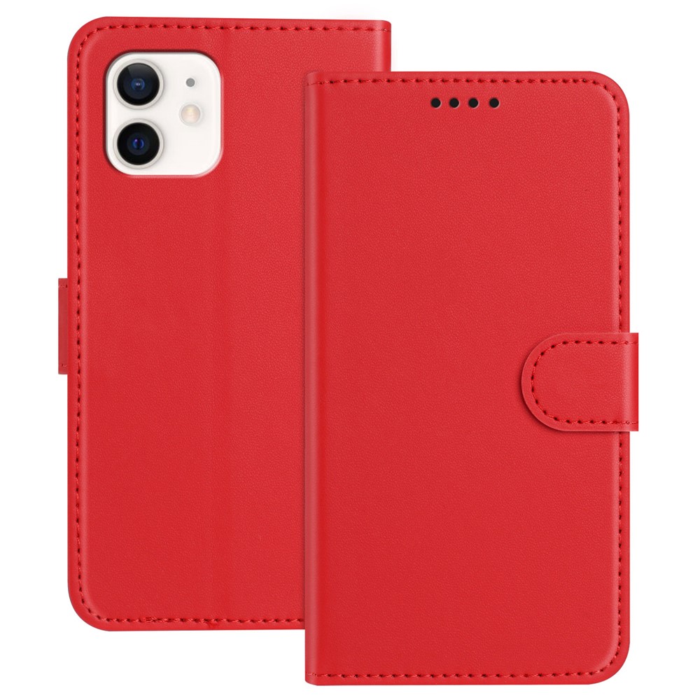 For iPhone 12 Pro 6.1 inch / iPhone 12 6.1 inch Leather Case Wallet Stand Solid Color Anti Drop Phone Cover - Red