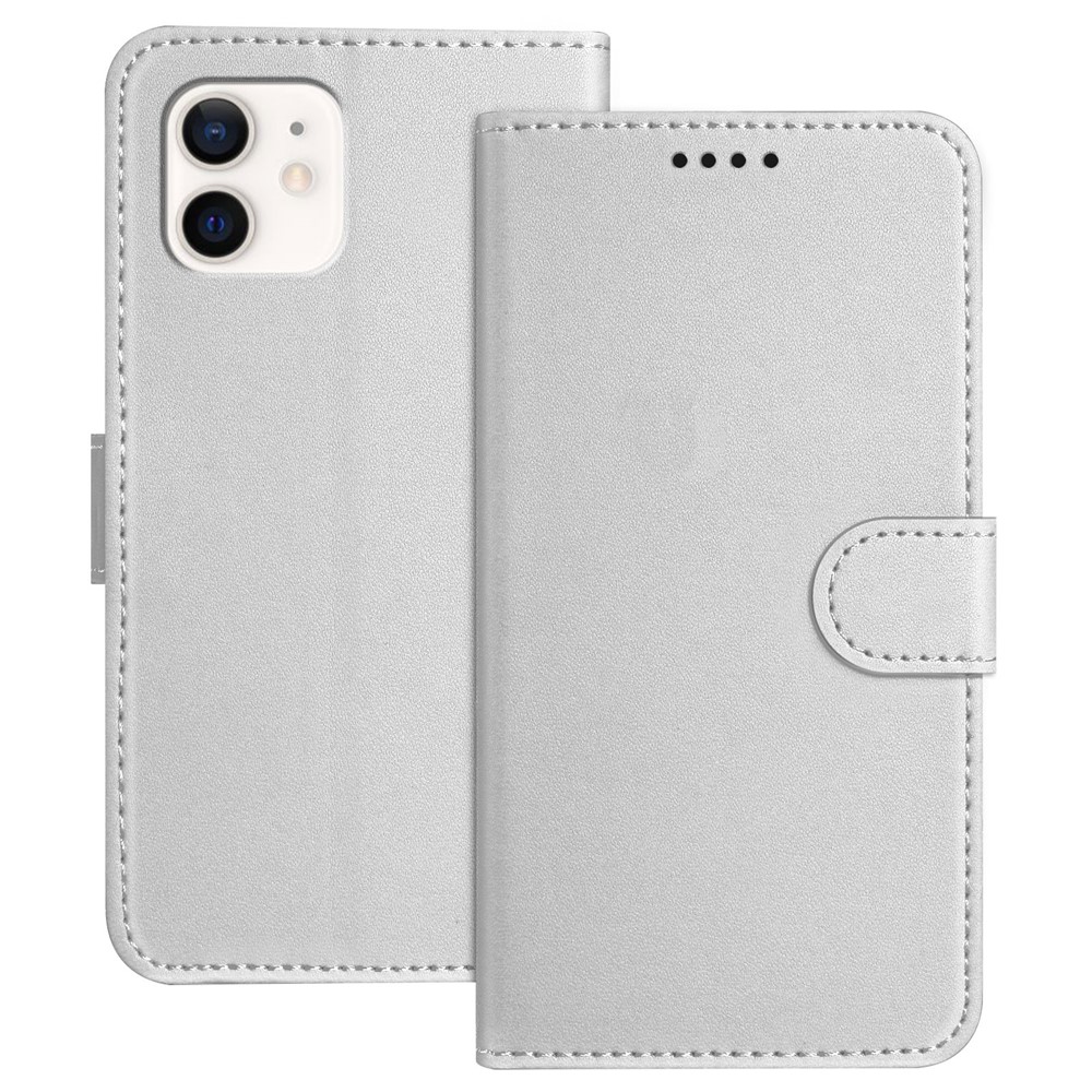 For iPhone 12 Pro 6.1 inch / iPhone 12 6.1 inch Leather Case Wallet Stand Solid Color Anti Drop Phone Cover - Silver