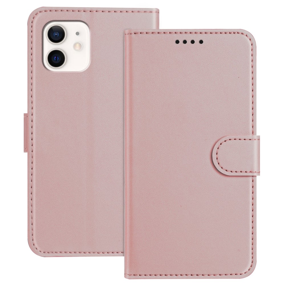 For iPhone 12 Pro 6.1 inch / iPhone 12 6.1 inch Leather Case Wallet Stand Solid Color Anti Drop Phone Cover - Rose Gold