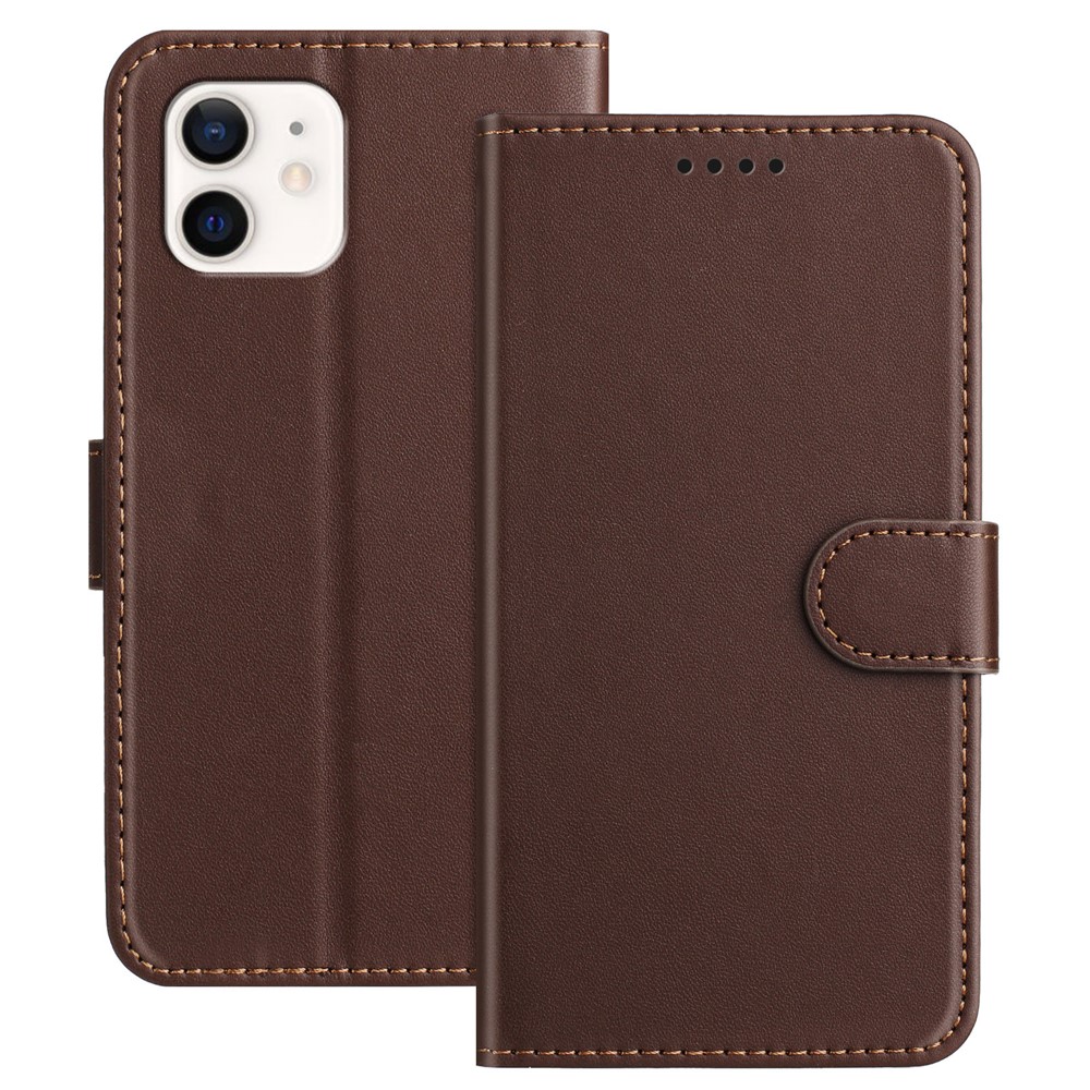 For iPhone 12 Pro 6.1 inch / iPhone 12 6.1 inch Leather Case Wallet Stand Solid Color Anti Drop Phone Cover - Brown
