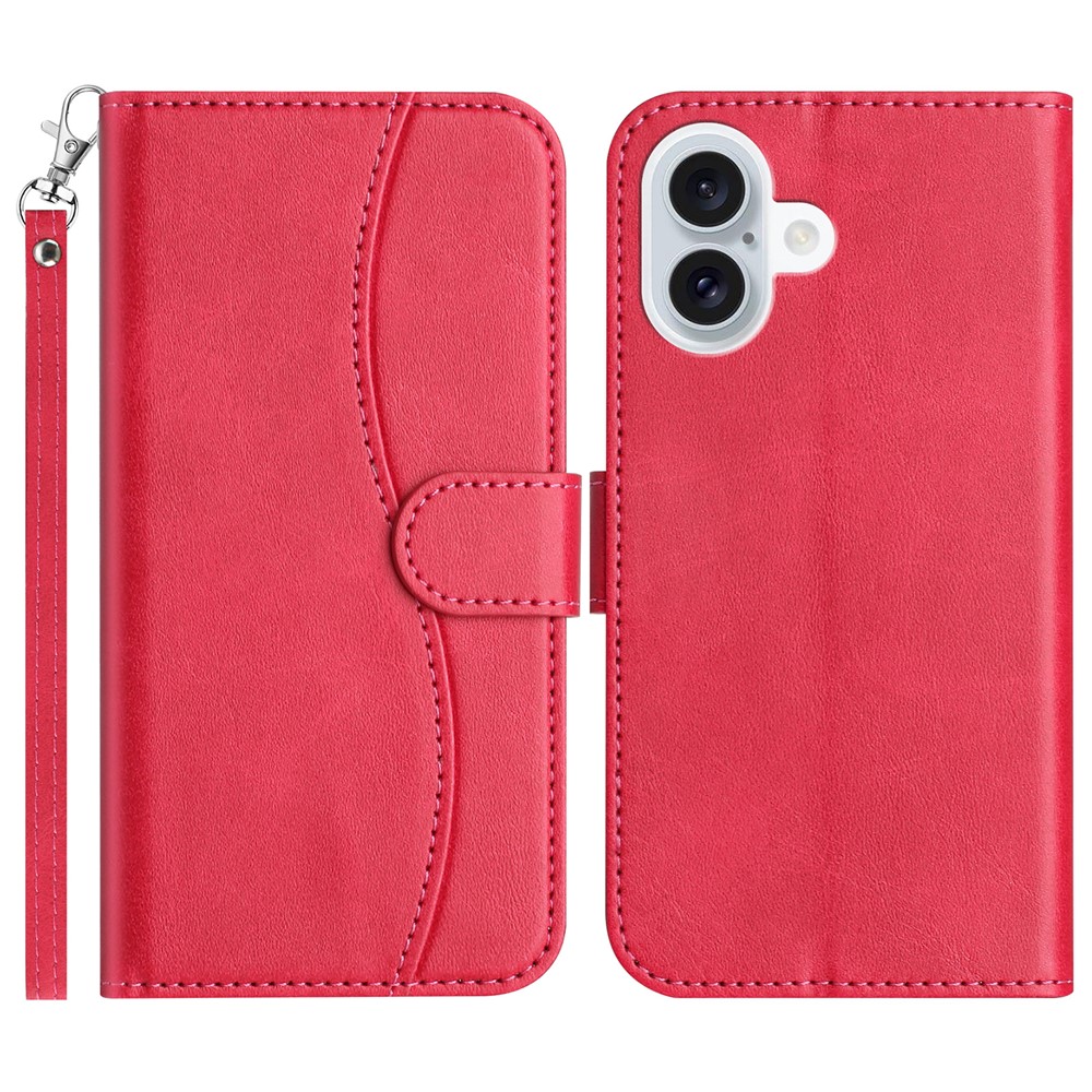 For iPhone 16 Plus Stand Case with Strap PU Leather Wallet Phone Cover S Shape Stitching Design - Rose