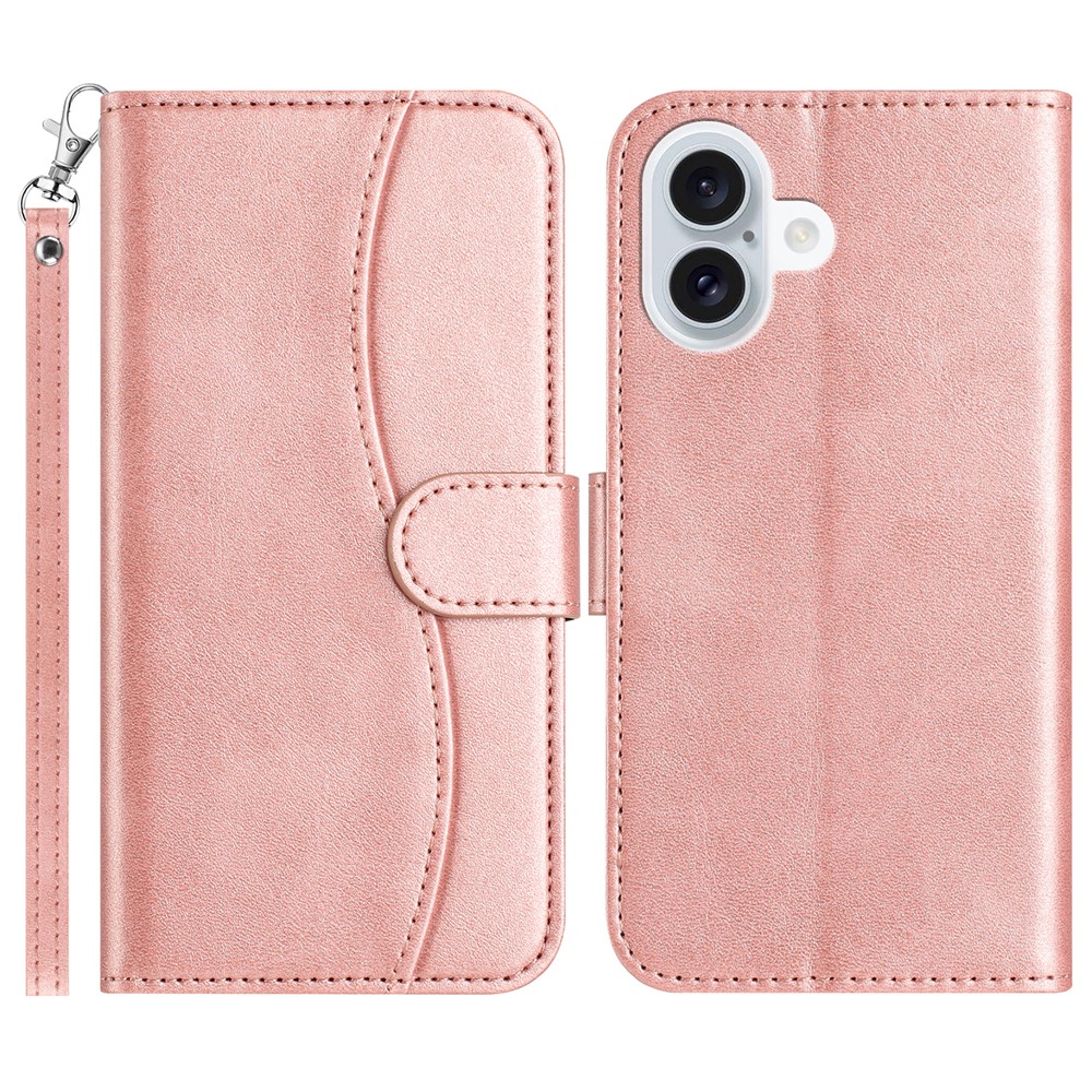 For iPhone 16 Plus Stand Case with Strap PU Leather Wallet Phone Cover S Shape Stitching Design - Rose Gold