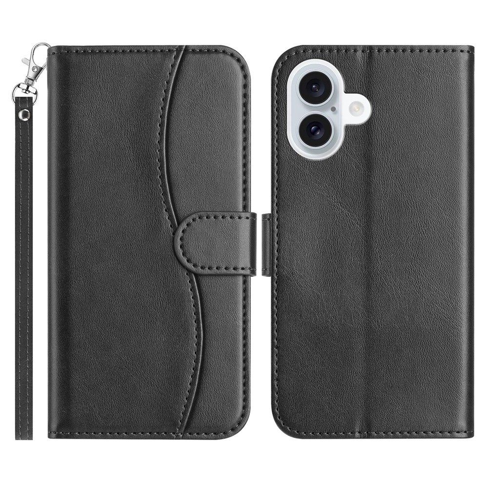 For iPhone 16 Plus Stand Case with Strap PU Leather Wallet Phone Cover S Shape Stitching Design - Black
