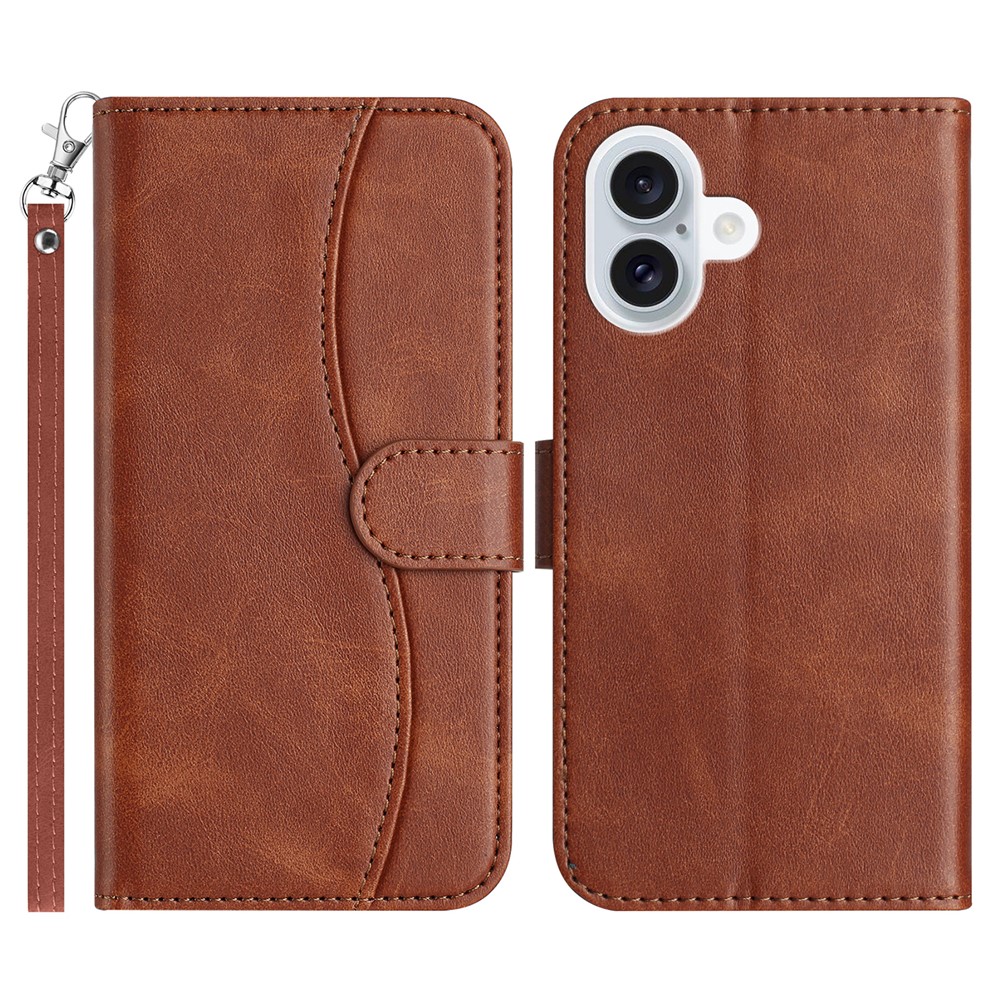 For iPhone 16 Plus Stand Case with Strap PU Leather Wallet Phone Cover S Shape Stitching Design - Coffee