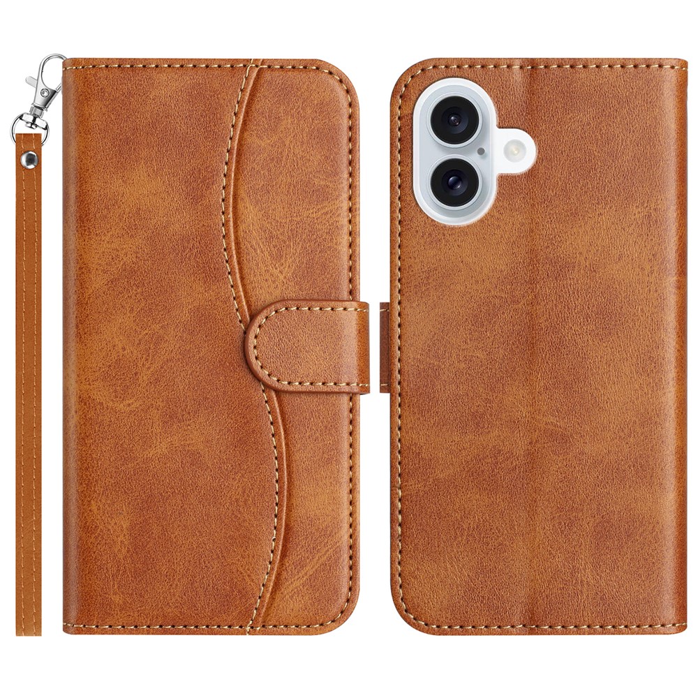 For iPhone 16 Plus Stand Case with Strap PU Leather Wallet Phone Cover S Shape Stitching Design - Brown