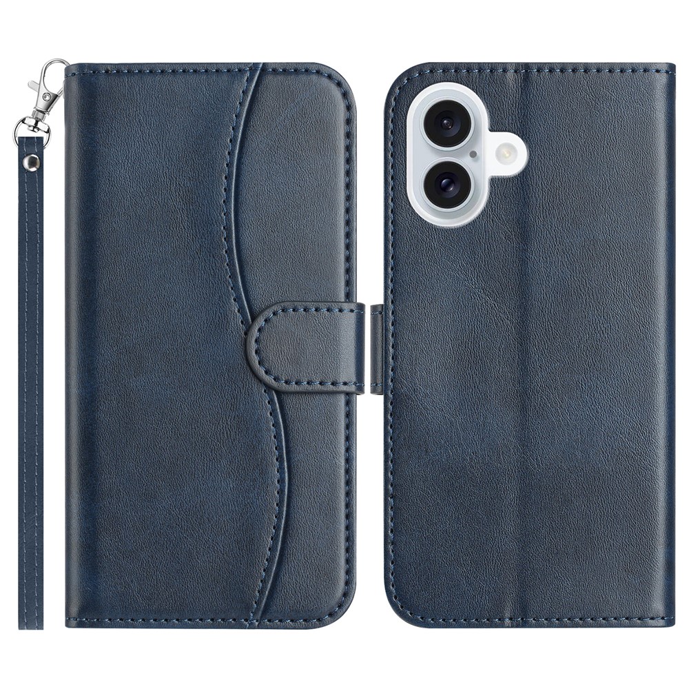 For iPhone 16 Plus Stand Case with Strap PU Leather Wallet Phone Cover S Shape Stitching Design - Navy Blue