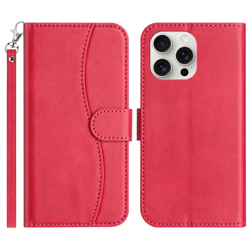 For iPhone 15 Pro Max Stand Case with Strap PU Leather Wallet Phone Cover S Shape Stitching Design - Rose