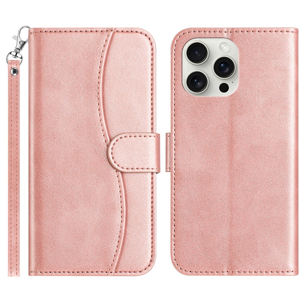 For iPhone 15 Pro Max Stand Case with Strap PU Leather Wallet Phone Cover S Shape Stitching Design - Rose Gold