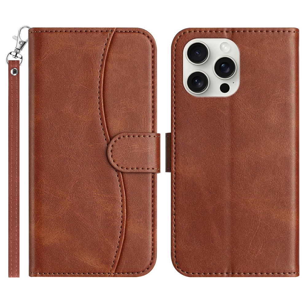 For iPhone 15 Pro Max Stand Case with Strap PU Leather Wallet Phone Cover S Shape Stitching Design - Coffee