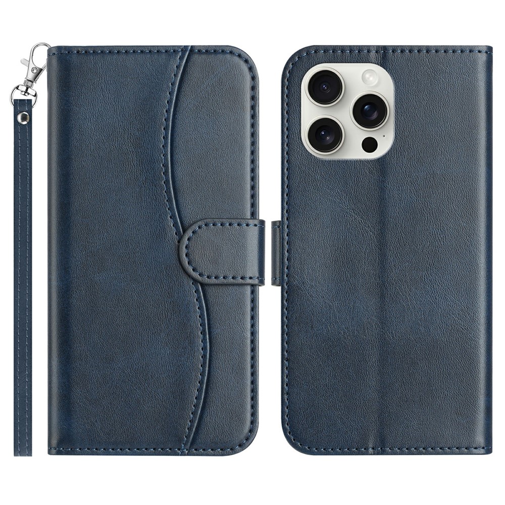 For iPhone 15 Pro Max Stand Case with Strap PU Leather Wallet Phone Cover S Shape Stitching Design - Navy Blue