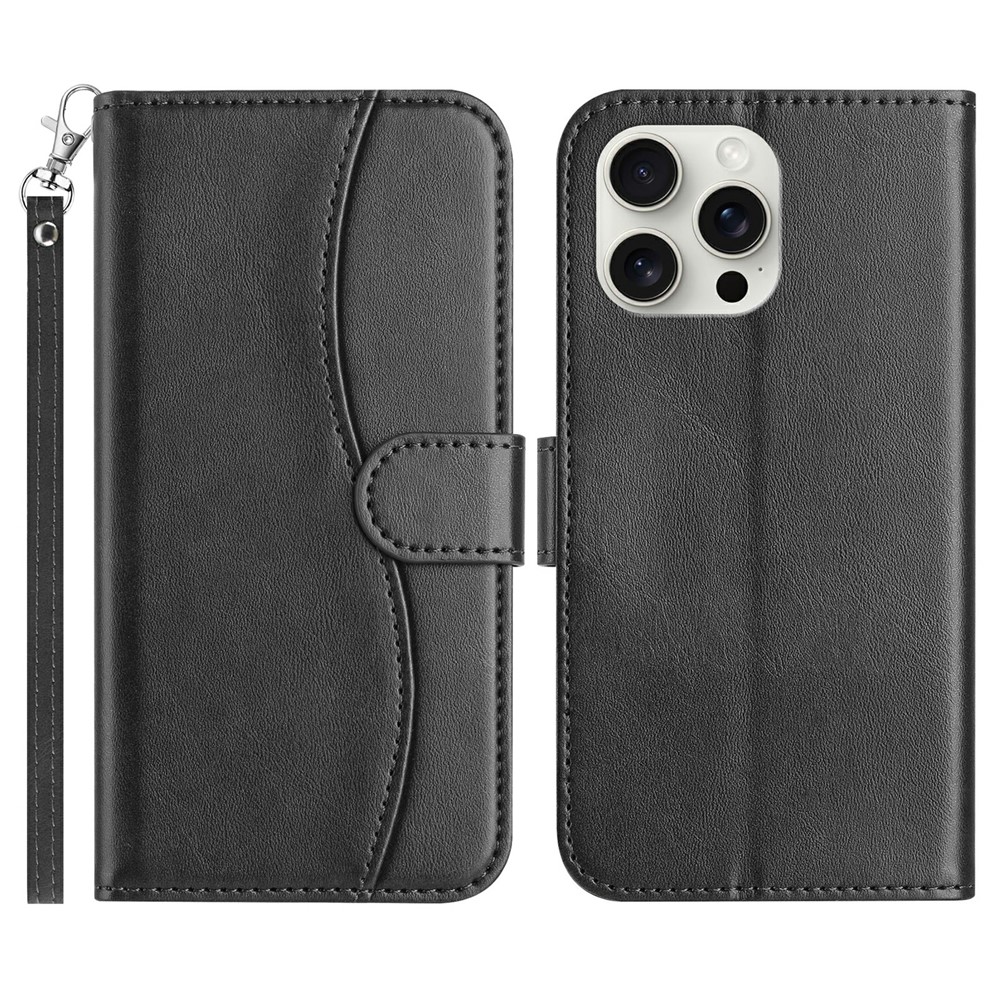 For iPhone 15 Pro Stand Case with Strap PU Leather Wallet Phone Cover S Shape Stitching Design - Black