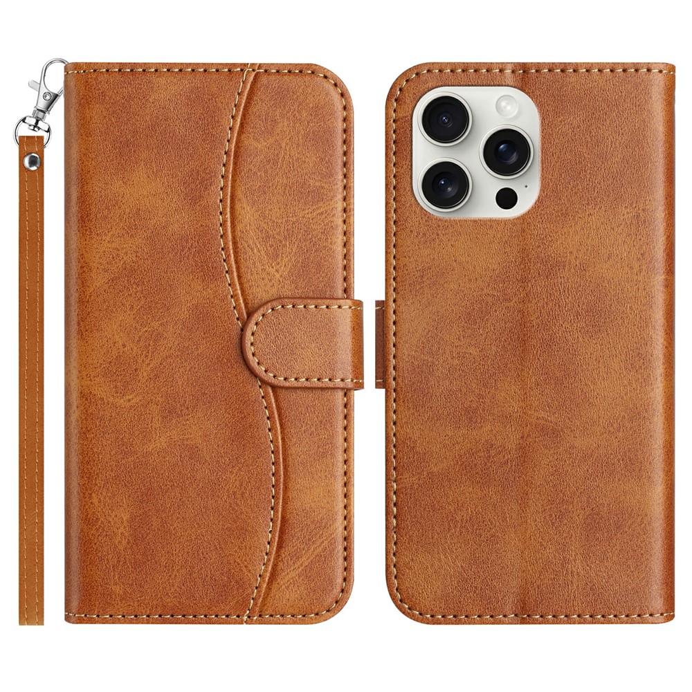 For iPhone 15 Pro Stand Case with Strap PU Leather Wallet Phone Cover S Shape Stitching Design - Brown