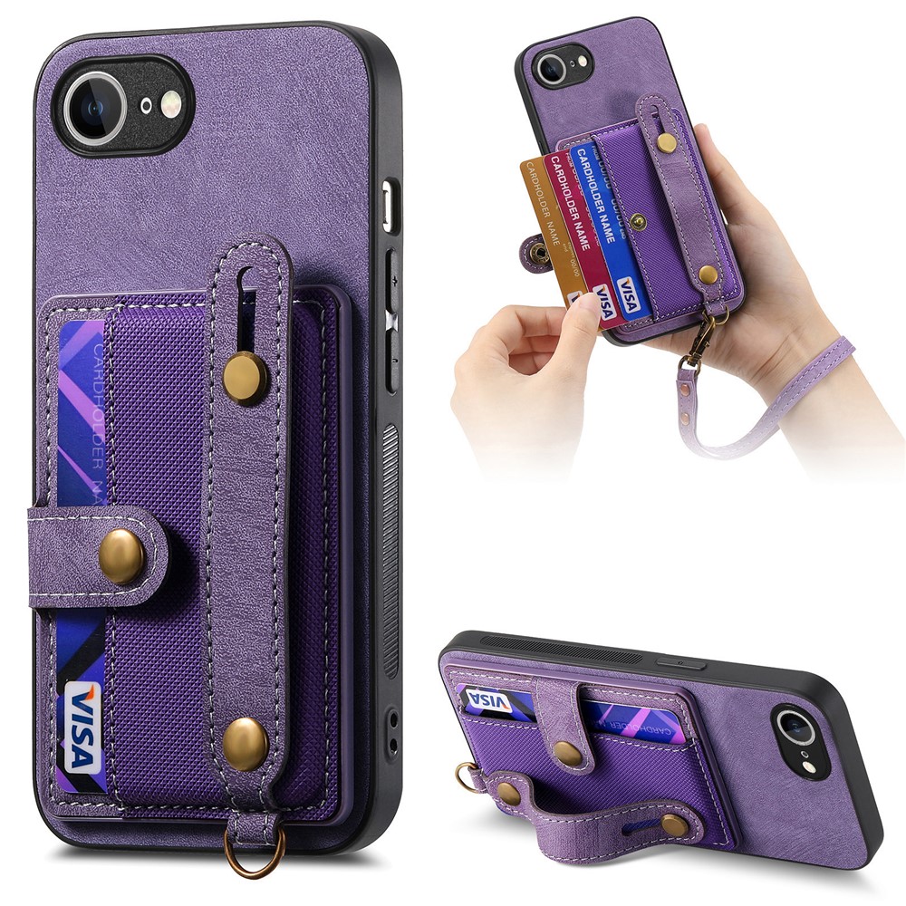 For iPhone 16e Retro PU Leather Back Cover with Card Holder and Wristband Kickstand - Purple