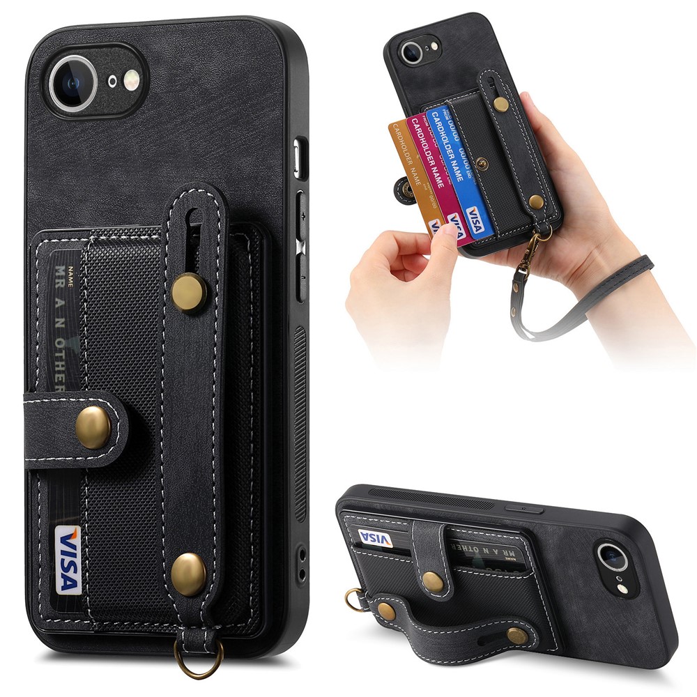 For iPhone 16e Retro PU Leather Back Cover with Card Holder and Wristband Kickstand - Black