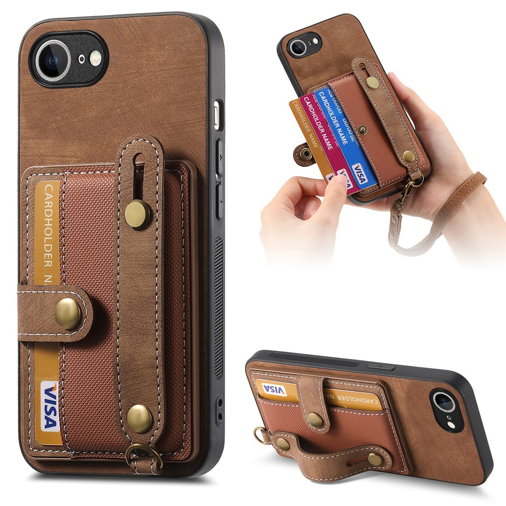 For iPhone 16e Retro PU Leather Back Cover with Card Holder and Wristband Kickstand - Brown