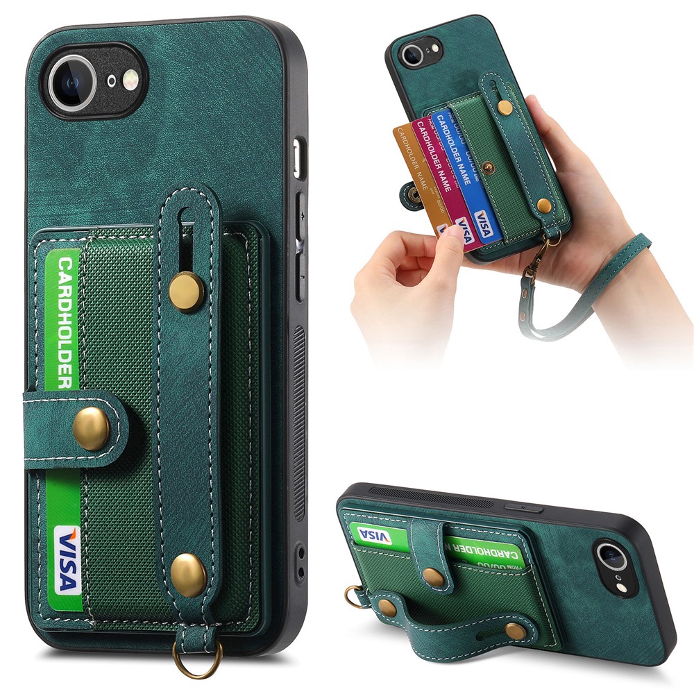 For iPhone 16e Retro PU Leather Back Cover with Card Holder and Wristband Kickstand - Green