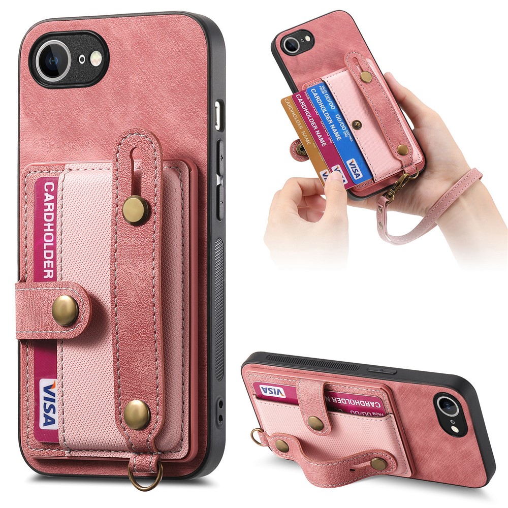 For iPhone 16e Retro PU Leather Back Cover with Card Holder and Wristband Kickstand - Pink