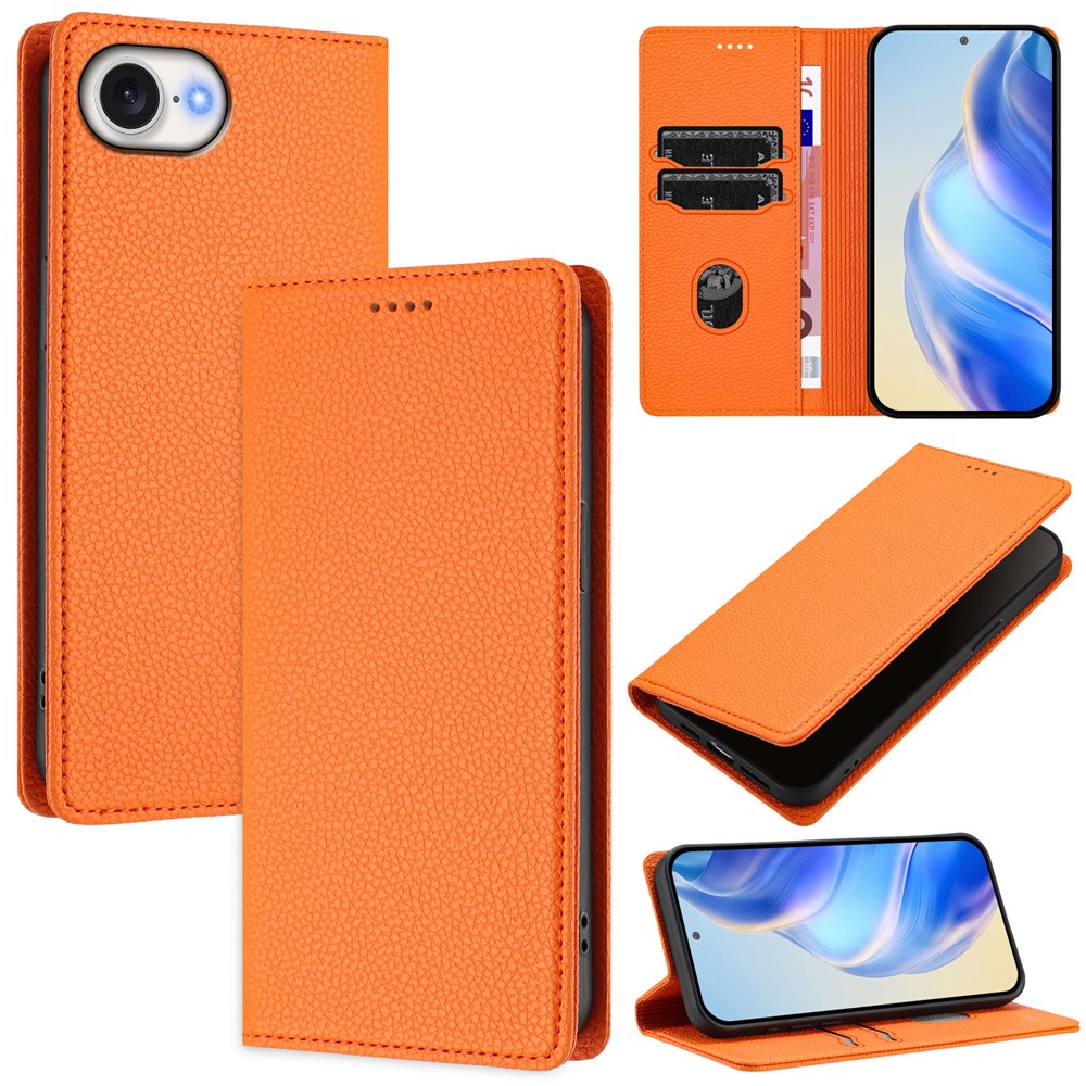 For iPhone 16e Wallet Case RFID Blocking Litchi Texture Leather Mobile Cover - Orange