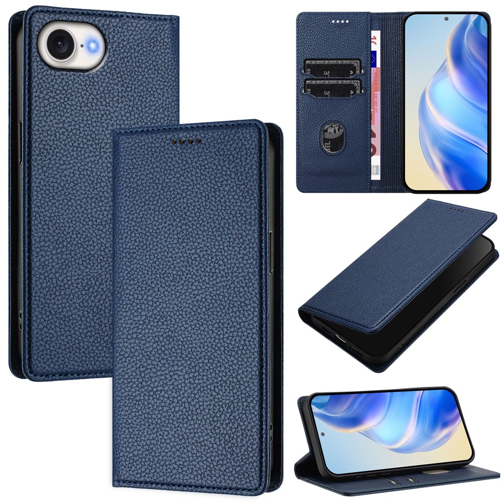 For iPhone 16e Wallet Case RFID Blocking Litchi Texture Leather Mobile Cover - Dark Blue