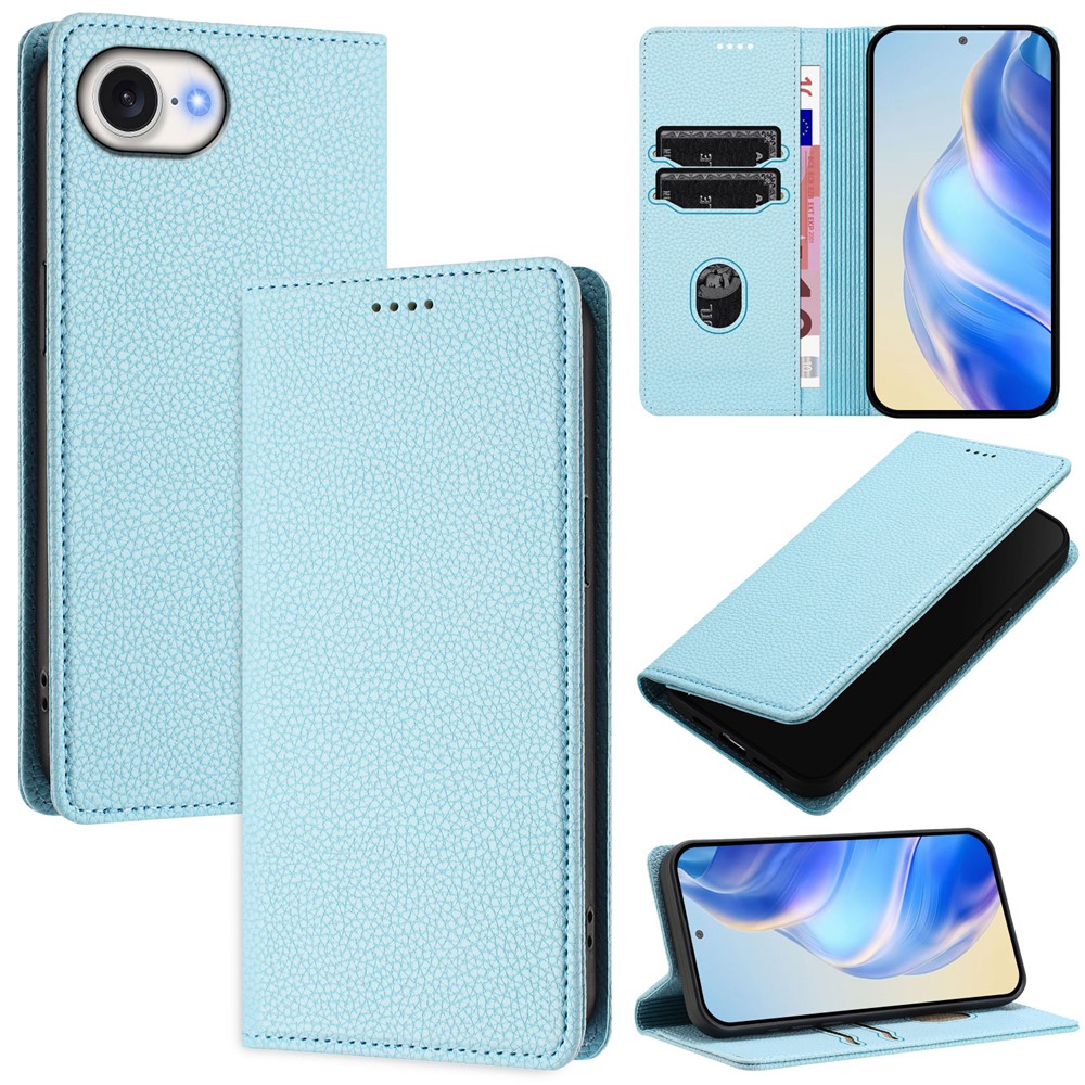 For iPhone 16e Wallet Case RFID Blocking Litchi Texture Leather Mobile Cover - Baby Blue