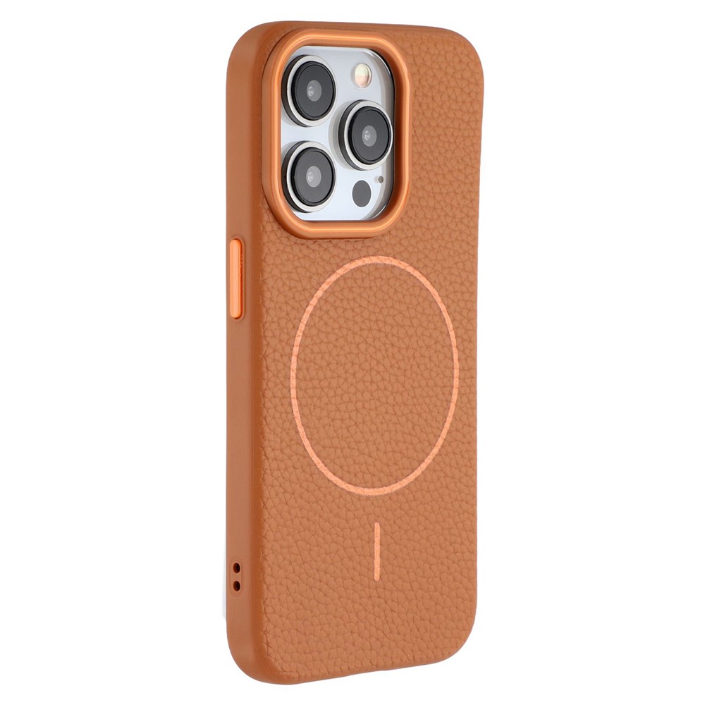 For iPhone 15 Pro Magnetic Case Litchi Texture TPU Phone Cover Compatible with MagSafe - Brown