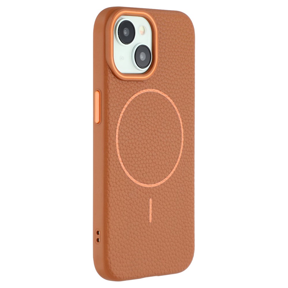 For iPhone 14 Magnetic Case Litchi Texture TPU Phone Cover Compatible with MagSafe - Brown