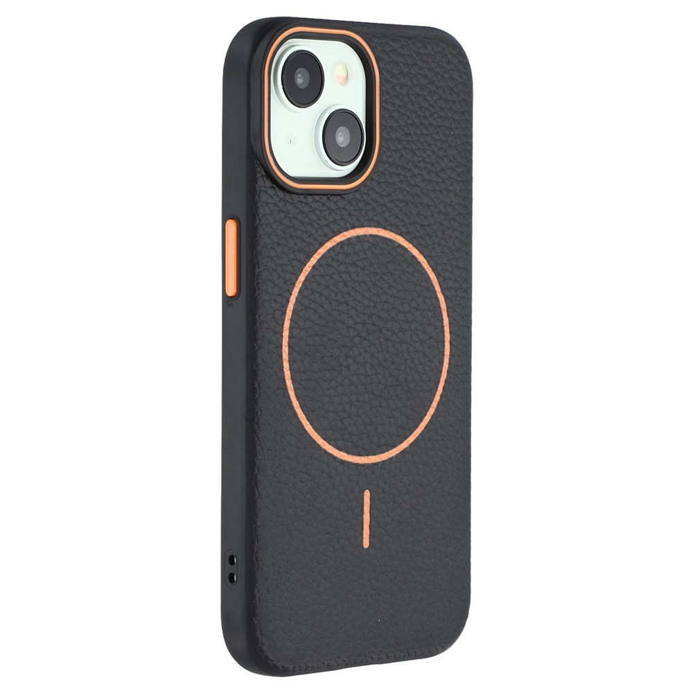 For iPhone 14 Magnetic Case Litchi Texture TPU Phone Cover Compatible with MagSafe - Black / Orange