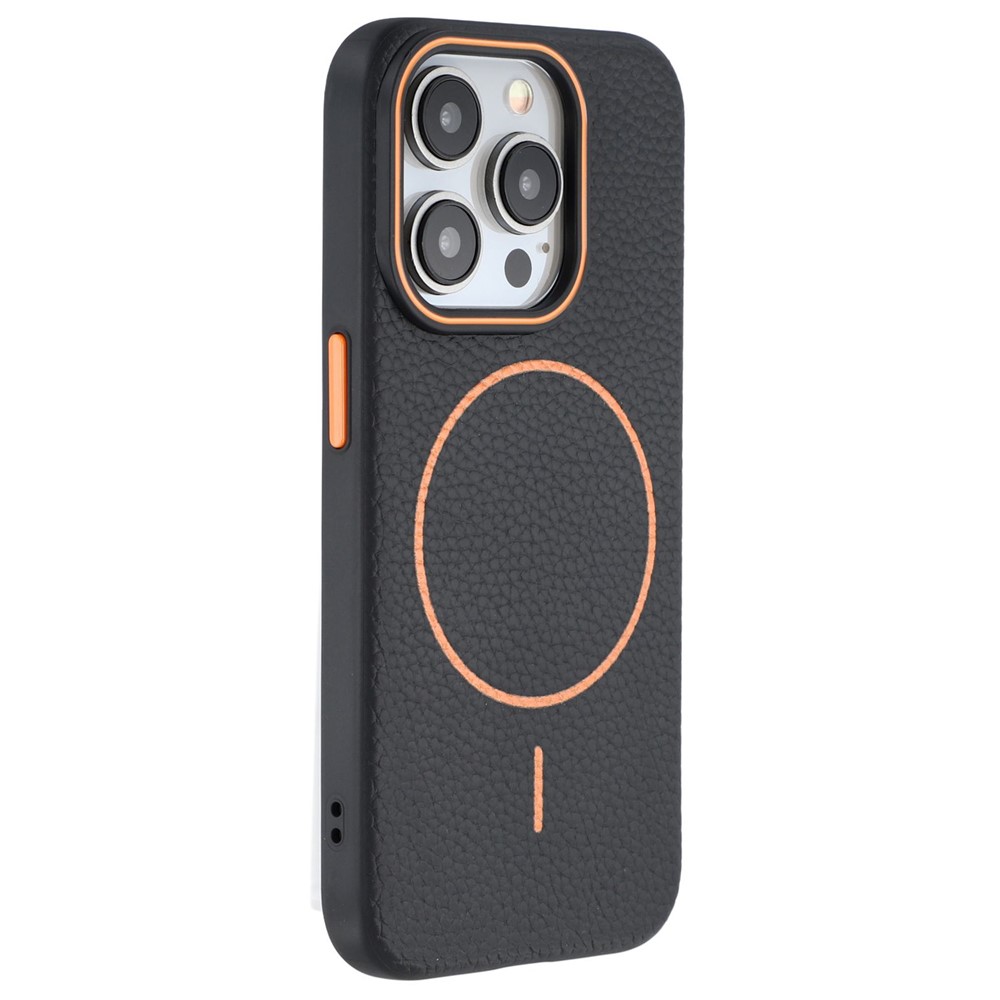 For iPhone 15 Pro Max Magnetic Case Litchi Texture TPU Phone Cover Compatible with MagSafe - Black / Orange