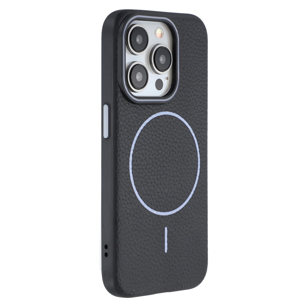 For iPhone 15 Pro Max Magnetic Case Litchi Texture TPU Phone Cover Compatible with MagSafe - Black / Blue