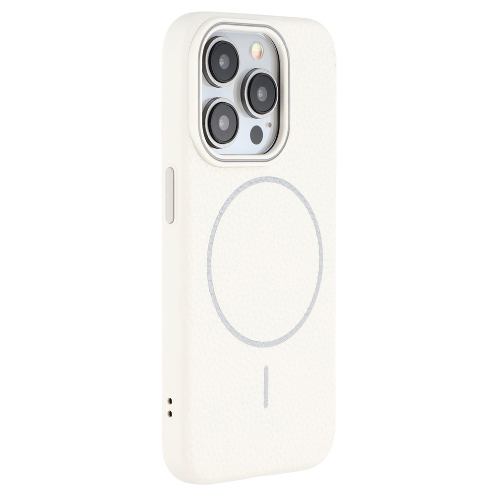 For iPhone 15 Pro Max Magnetic Case Litchi Texture TPU Phone Cover Compatible with MagSafe - White