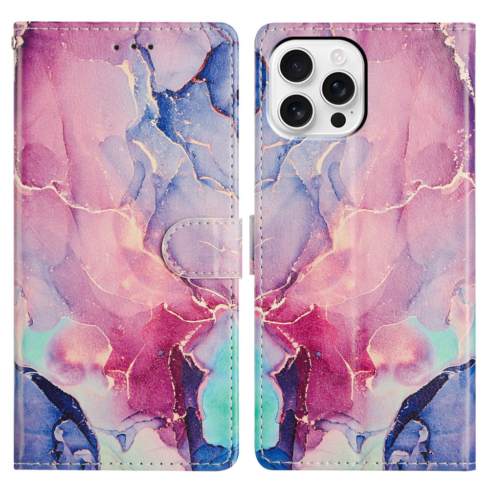 For iPhone 15 Pro Max Wallet Phone Case PU Leather Flip Cover with Stand Card Holder Painted Design - Green Pink Marble