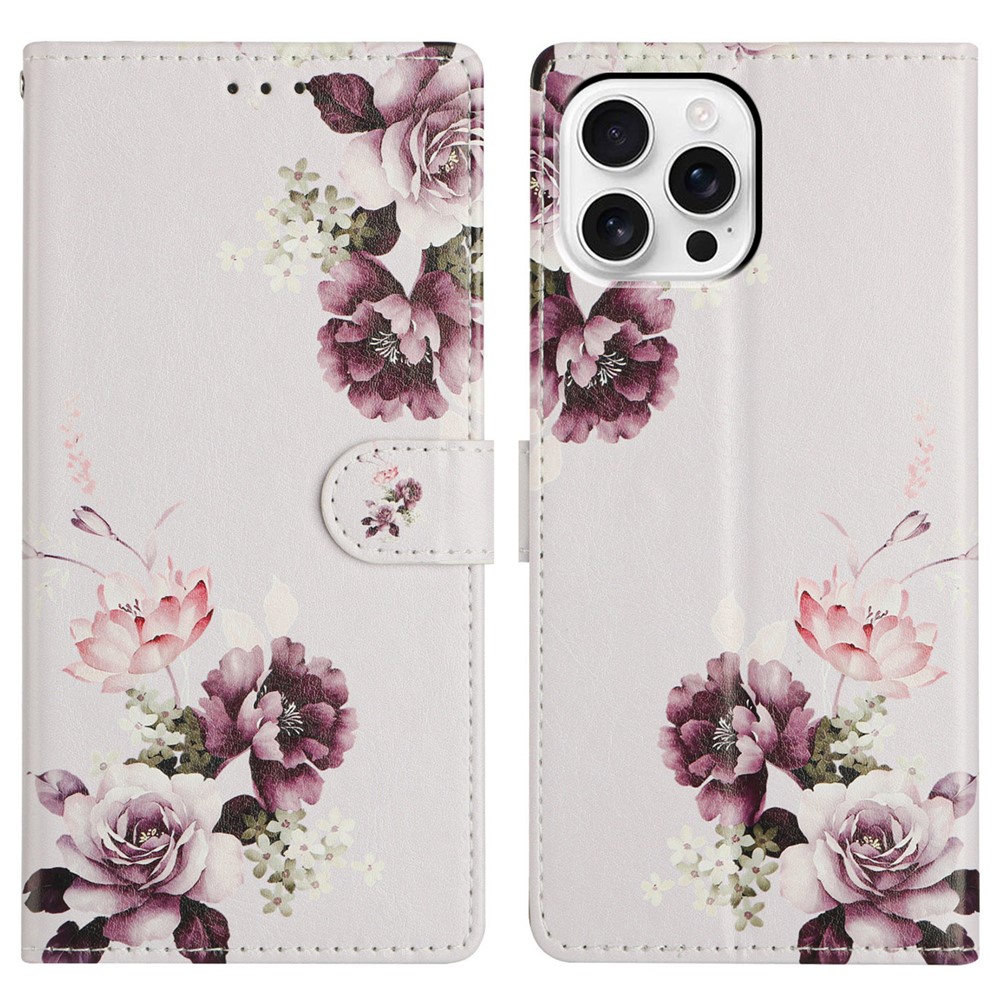 For iPhone 15 Pro Max Wallet Phone Case PU Leather Flip Cover with Stand Card Holder Painted Design - Cross Rose