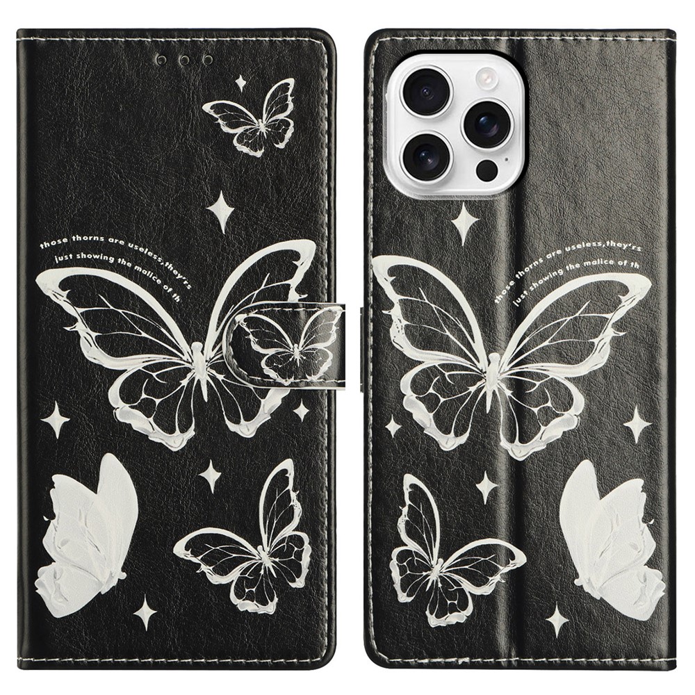 For iPhone 15 Pro Max Wallet Phone Case PU Leather Flip Cover with Stand Card Holder Painted Design - Butterfly