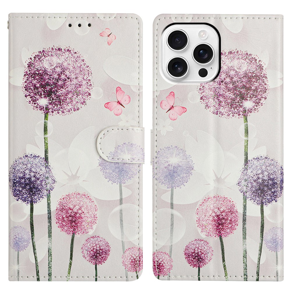 For iPhone 15 Pro Max Wallet Phone Case PU Leather Flip Cover with Stand Card Holder Painted Design - Dandelion