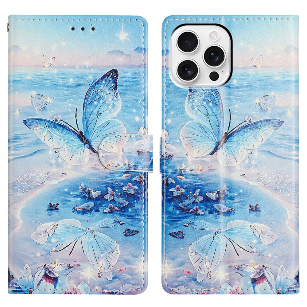 For iPhone 15 Pro Max Wallet Phone Case PU Leather Flip Cover with Stand Card Holder Painted Design - Ocean Butterfly