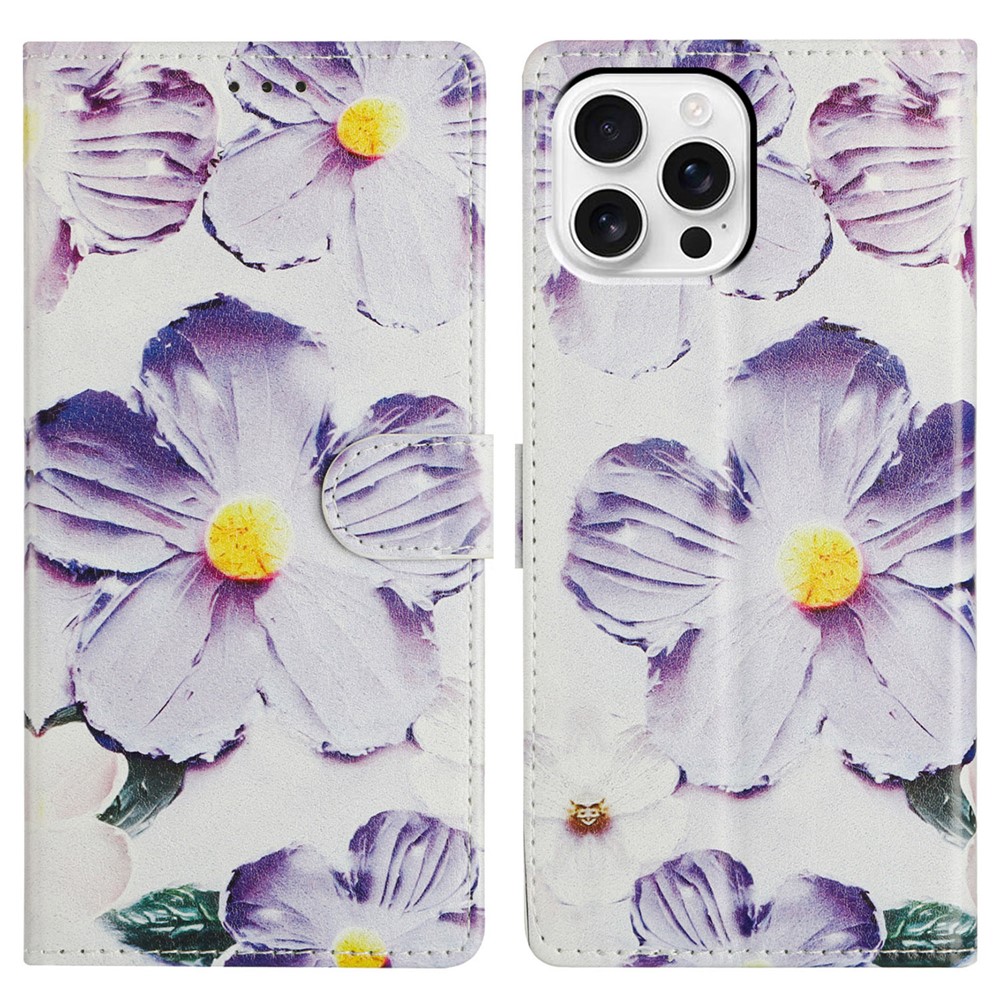 For iPhone 15 Pro Max Wallet Phone Case PU Leather Flip Cover with Stand Card Holder Painted Design - Purple Flower