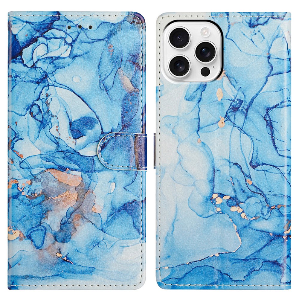 For iPhone 15 Pro Max Wallet Phone Case PU Leather Flip Cover with Stand Card Holder Painted Design - Blue Marble