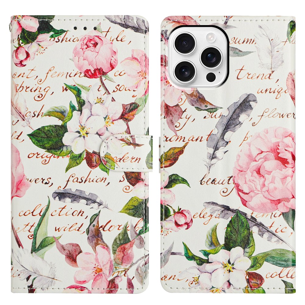 For iPhone 15 Pro Wallet Phone Case PU Leather Flip Cover with Stand Card Holder Painted Design - Green Leaves Flowers