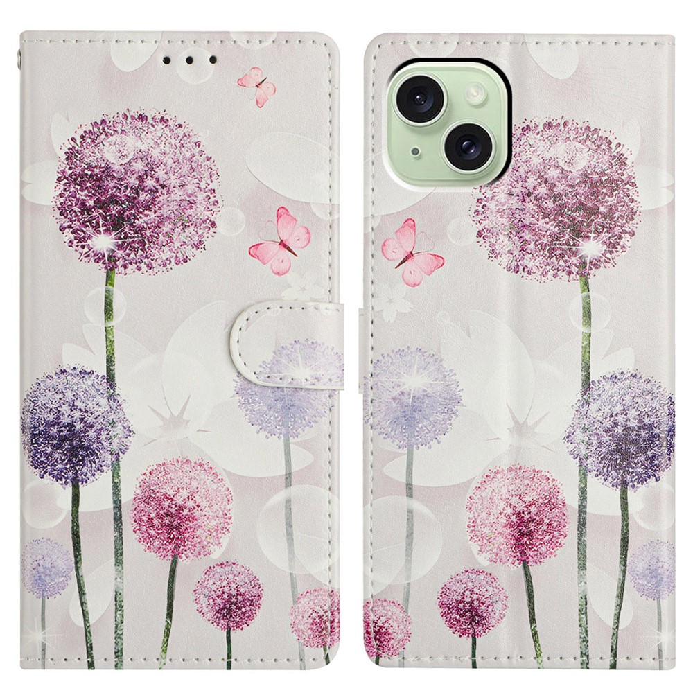 For iPhone 15 Wallet Phone Case PU Leather Flip Cover with Stand Card Holder Painted Design - Dandelion
