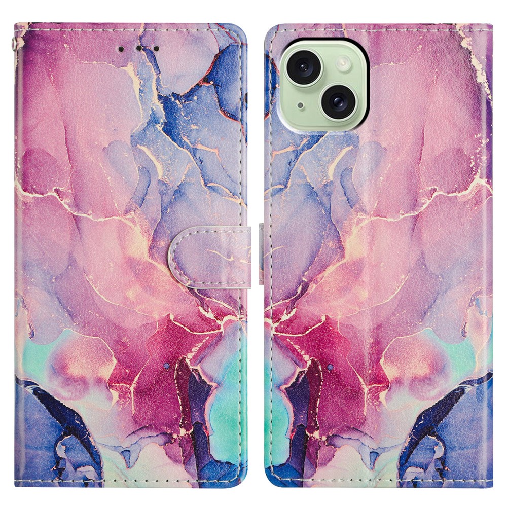 For iPhone 15 Wallet Phone Case PU Leather Flip Cover with Stand Card Holder Painted Design - Green Pink Marble
