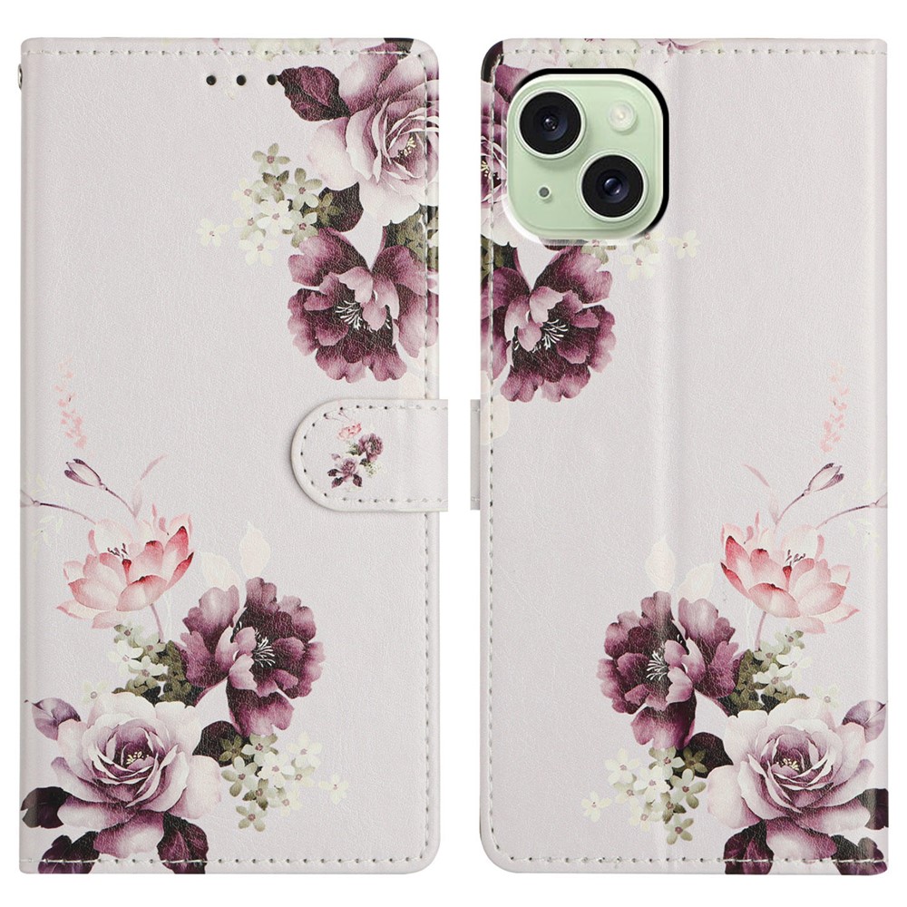 For iPhone 15 Wallet Phone Case PU Leather Flip Cover with Stand Card Holder Painted Design - Cross Rose