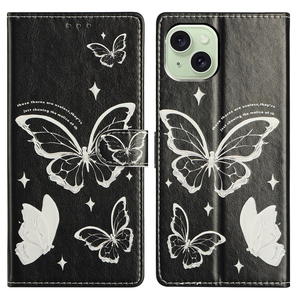 For iPhone 15 Wallet Phone Case PU Leather Flip Cover with Stand Card Holder Painted Design - Butterfly