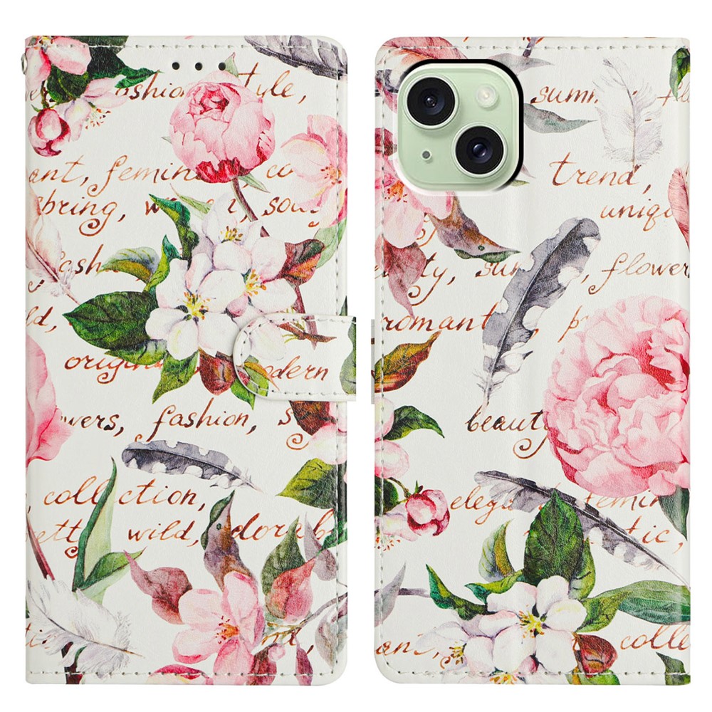 For iPhone 15 Wallet Phone Case PU Leather Flip Cover with Stand Card Holder Painted Design - Green Leaves Flowers