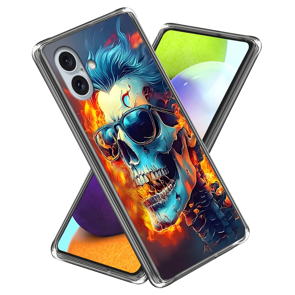 For iPhone 16 Plus Case IMD Pattern Printing TPU Shockproof Phone Cover - Flame Skull