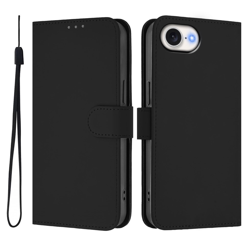 For iPhone 16e Case Solid Color Wallet Leather Phone Cover with Strap - Black