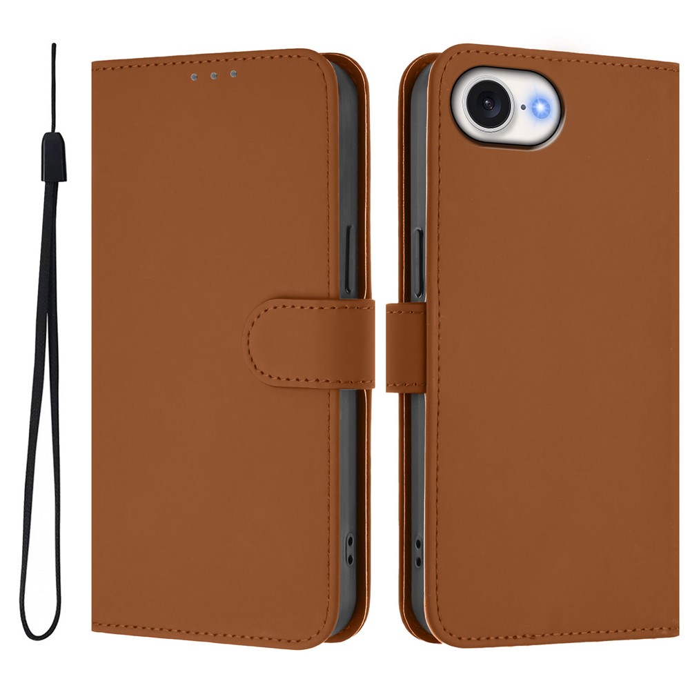For iPhone 16e Case Solid Color Wallet Leather Phone Cover with Strap - Brown